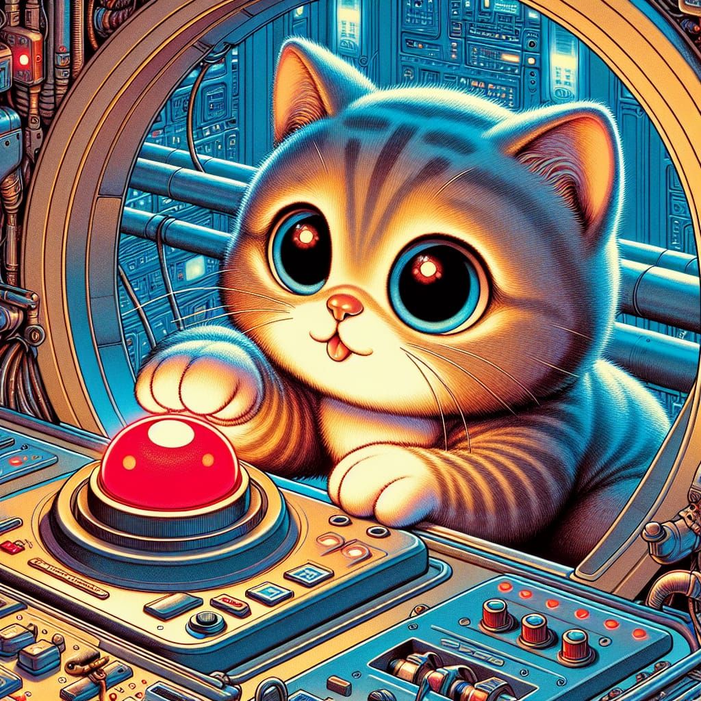 Cat in Sci-Fi Lab About to Press Button, Edo Art