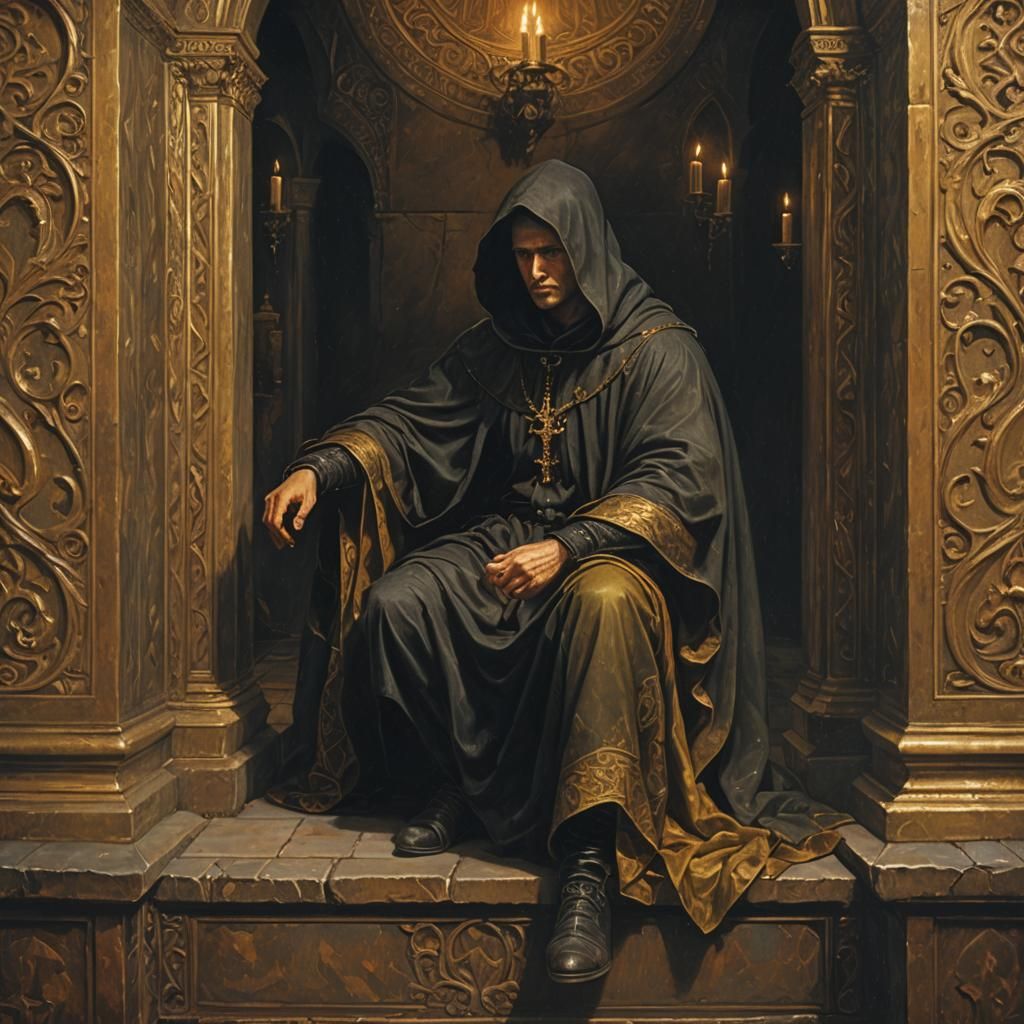 Hooded man sitting, oil painting, Arnold Bocklin style, eerie