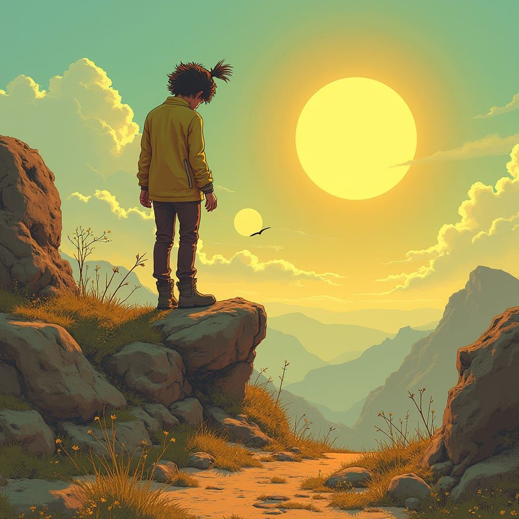 Heart in Boots Ponders Precipice's Edge at Sunset