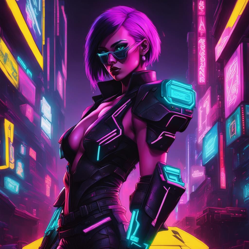 Cyberpunk Diamond Girl in Neon Cityscape
