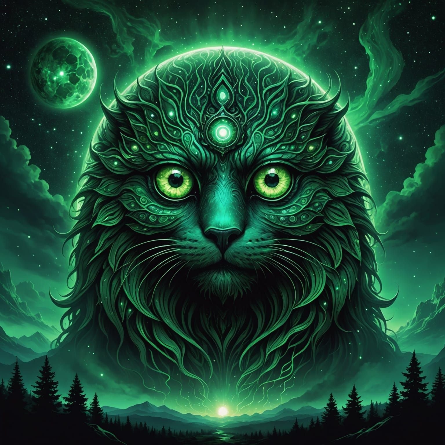 Glowing Green Eyes in Dark Cosmic Sky