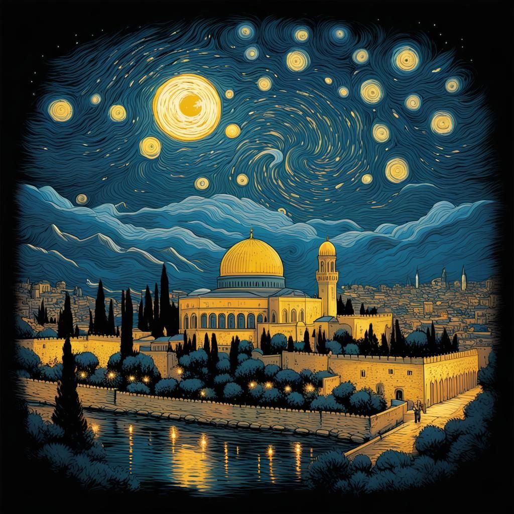 Al Aqsa Mosque Starry Night in Comic Book Style