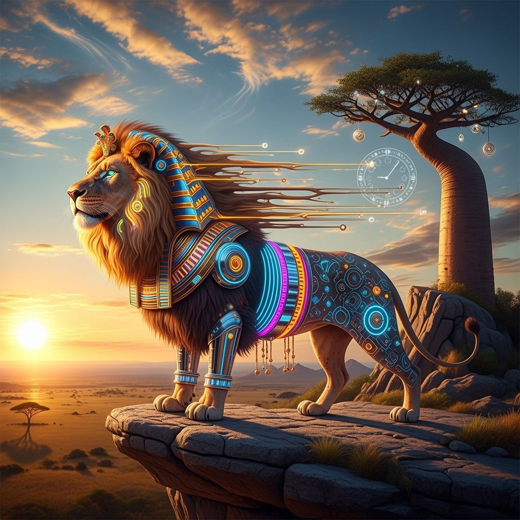 Lion in Regal Attire Overlooking Savanna