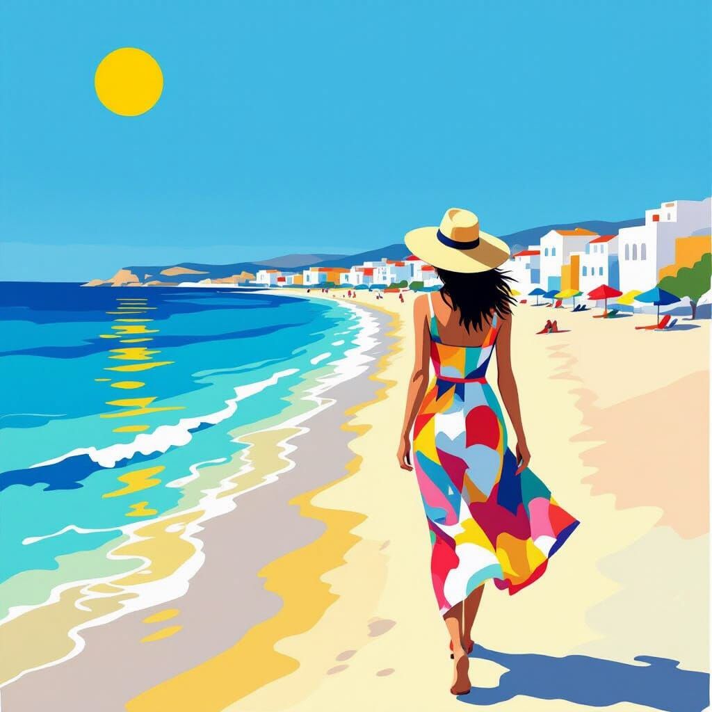 Woman on Sunny Beach Inspired by Modern Art