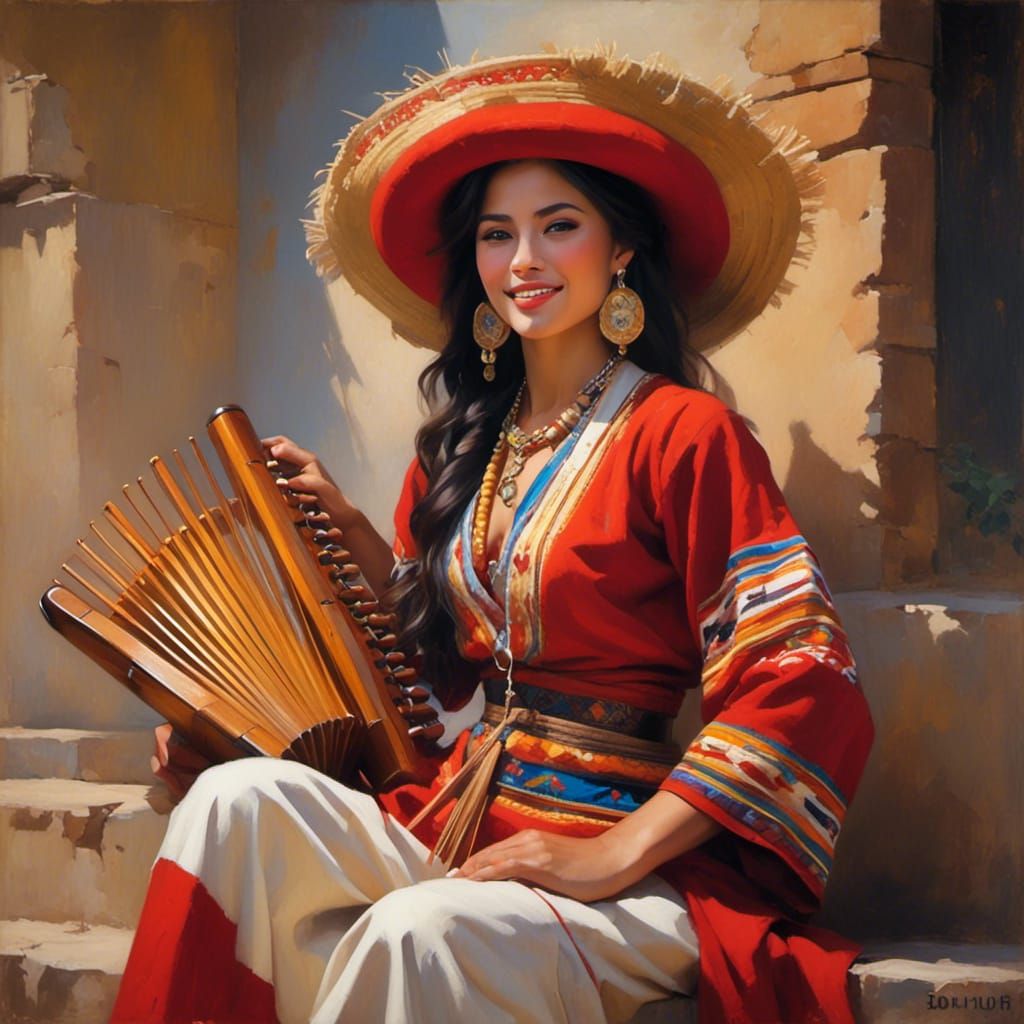 Peruvian Woman Playing Panflute in Traditional Clothing