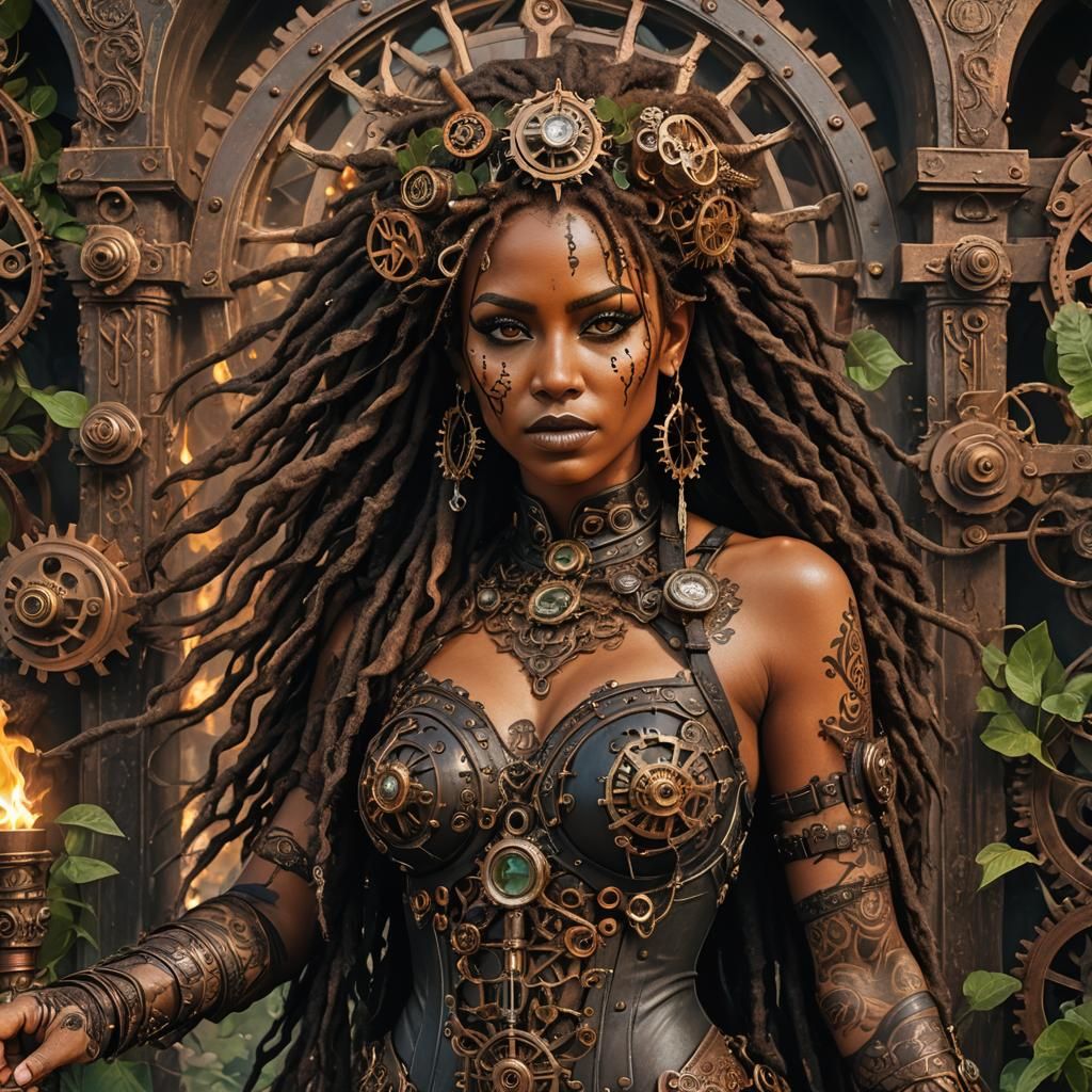 Dark Fae Warrior Goddess in Steampunk Victorian Style