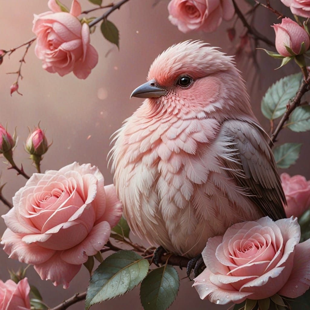 Pink Bird on Rose Branch Digital Painting