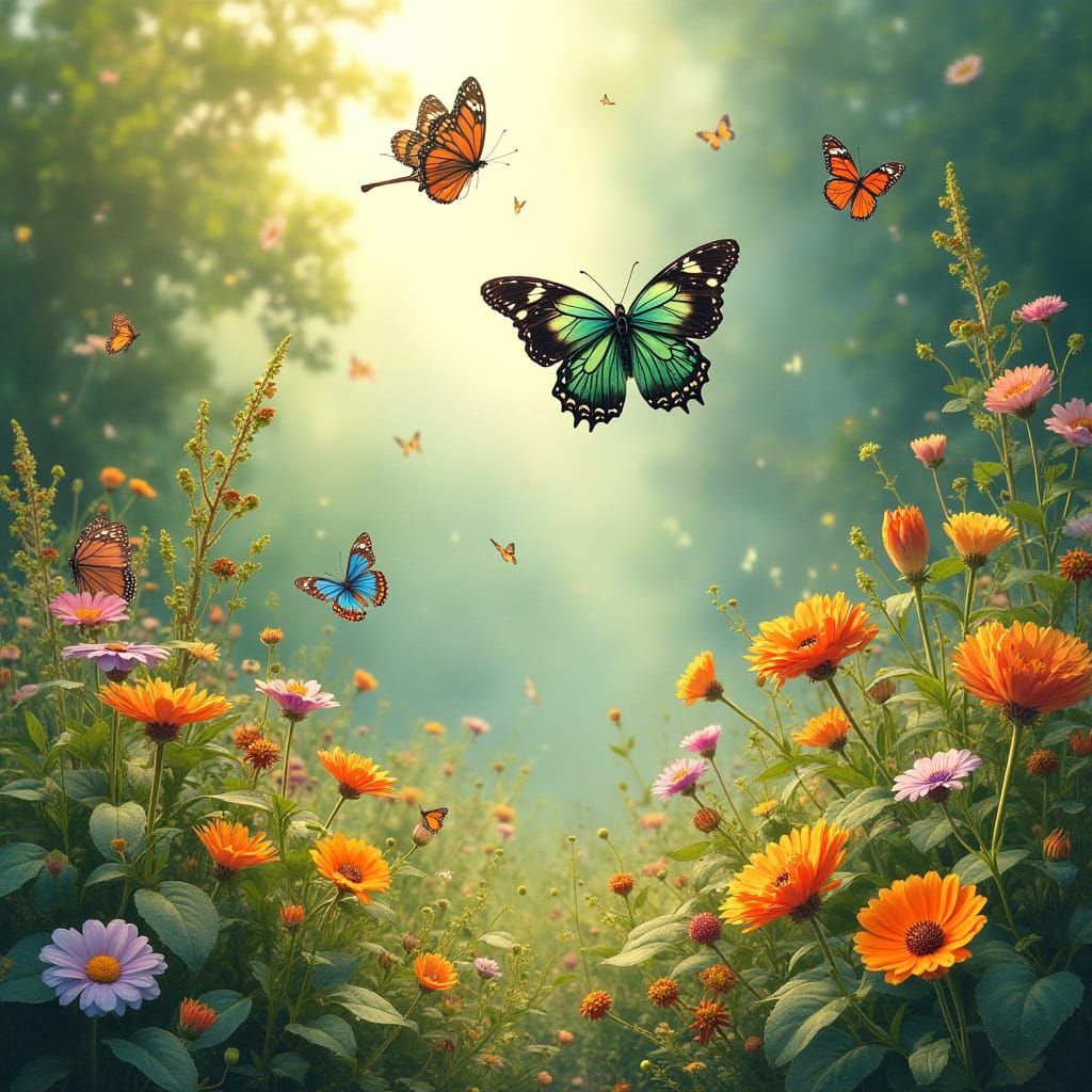 Vibrant Iridescent Butterflies in a Whimsical Garden