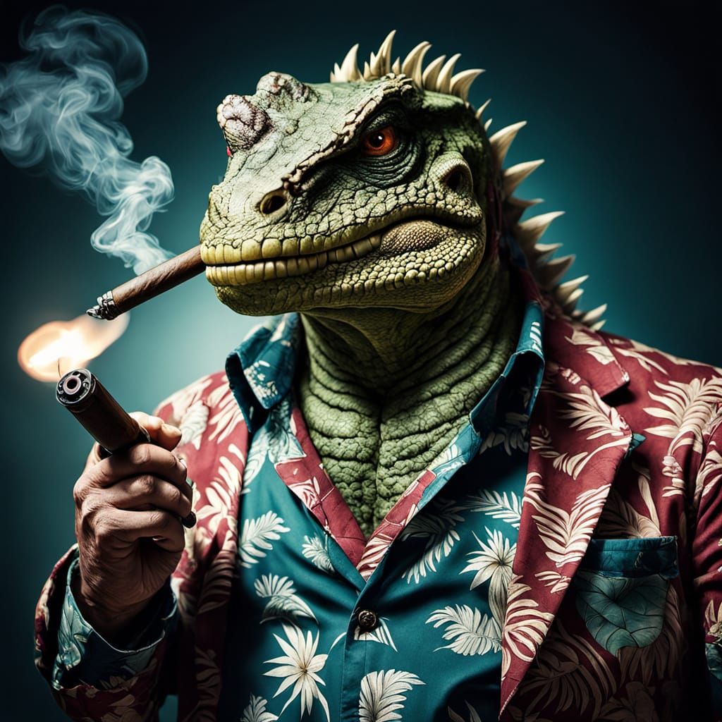 Tough Lizardman in Hawaiian Shirt Portrait