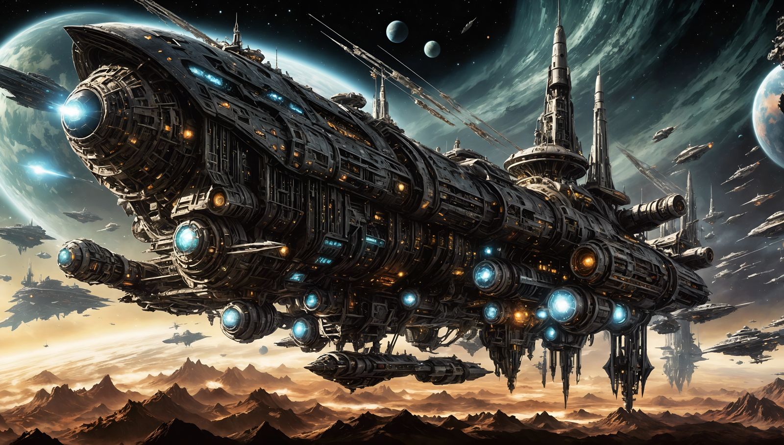Dystopian Steampunk Warship Fleet in Deep Space
