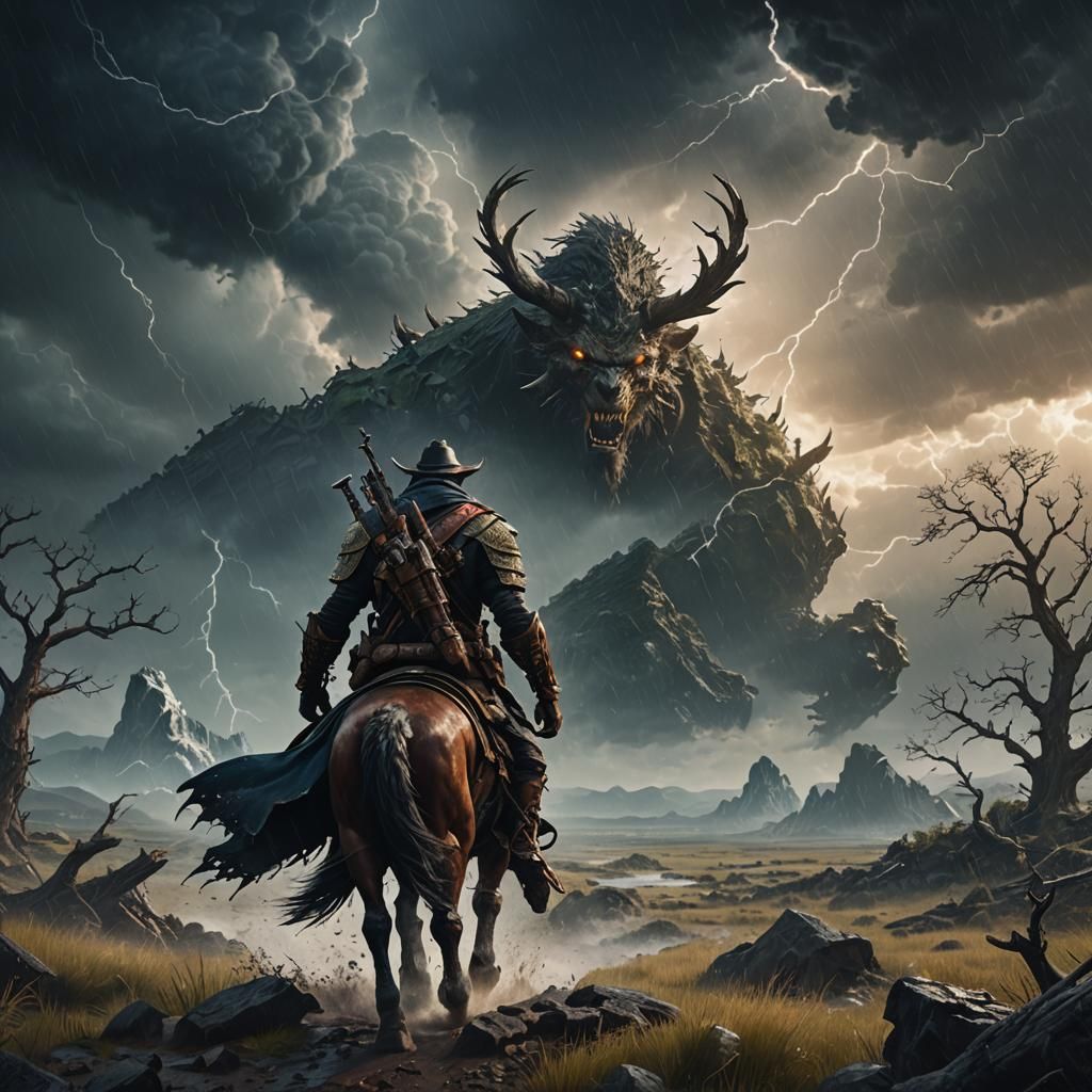 Hunter Faces the Storm: Detailed Fantasy Art