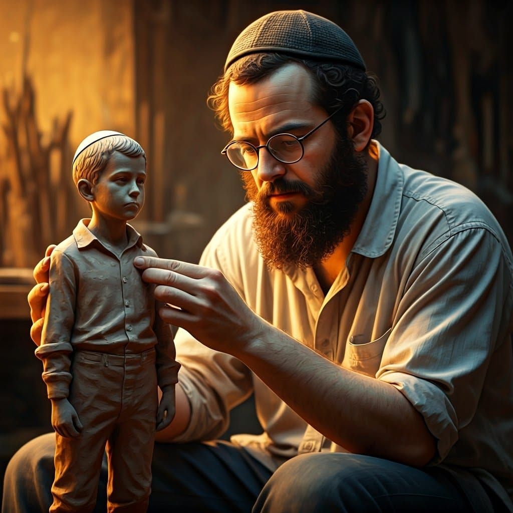 Haredi Artist Sculpting Figurine in Matte Painting Style