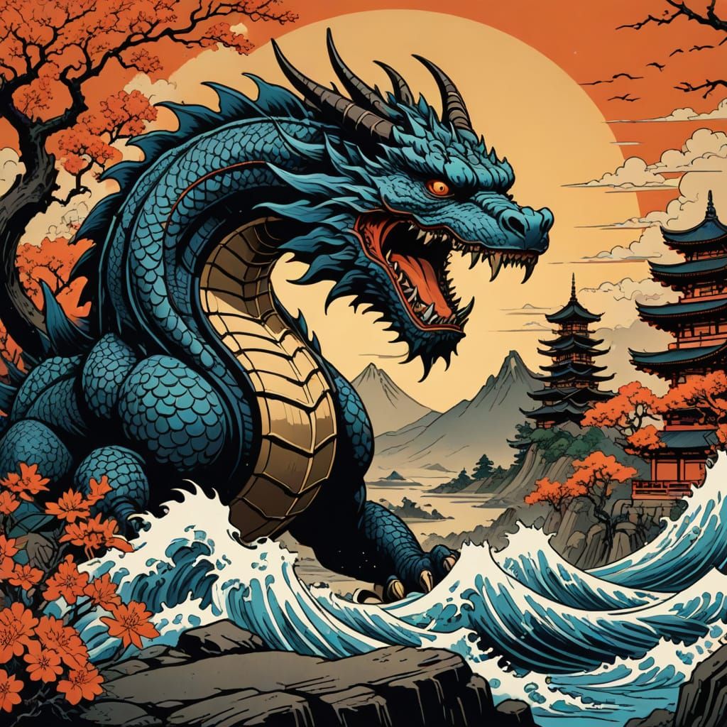 Majestic Western Dragon Unleashes Fiery Roar in Stylized Uki...
