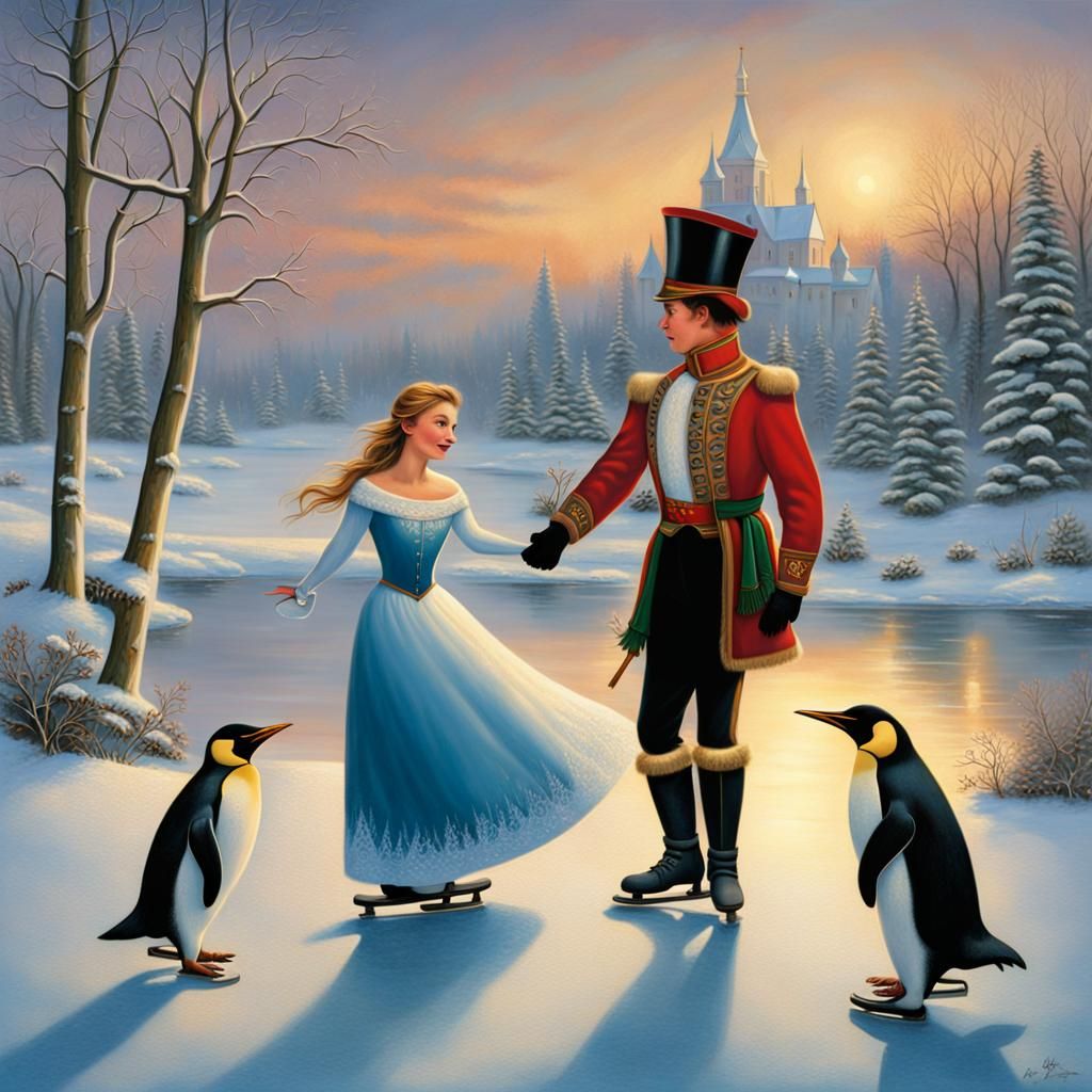 Winter Scene: Penguins and Nutcracker on Frozen Lake