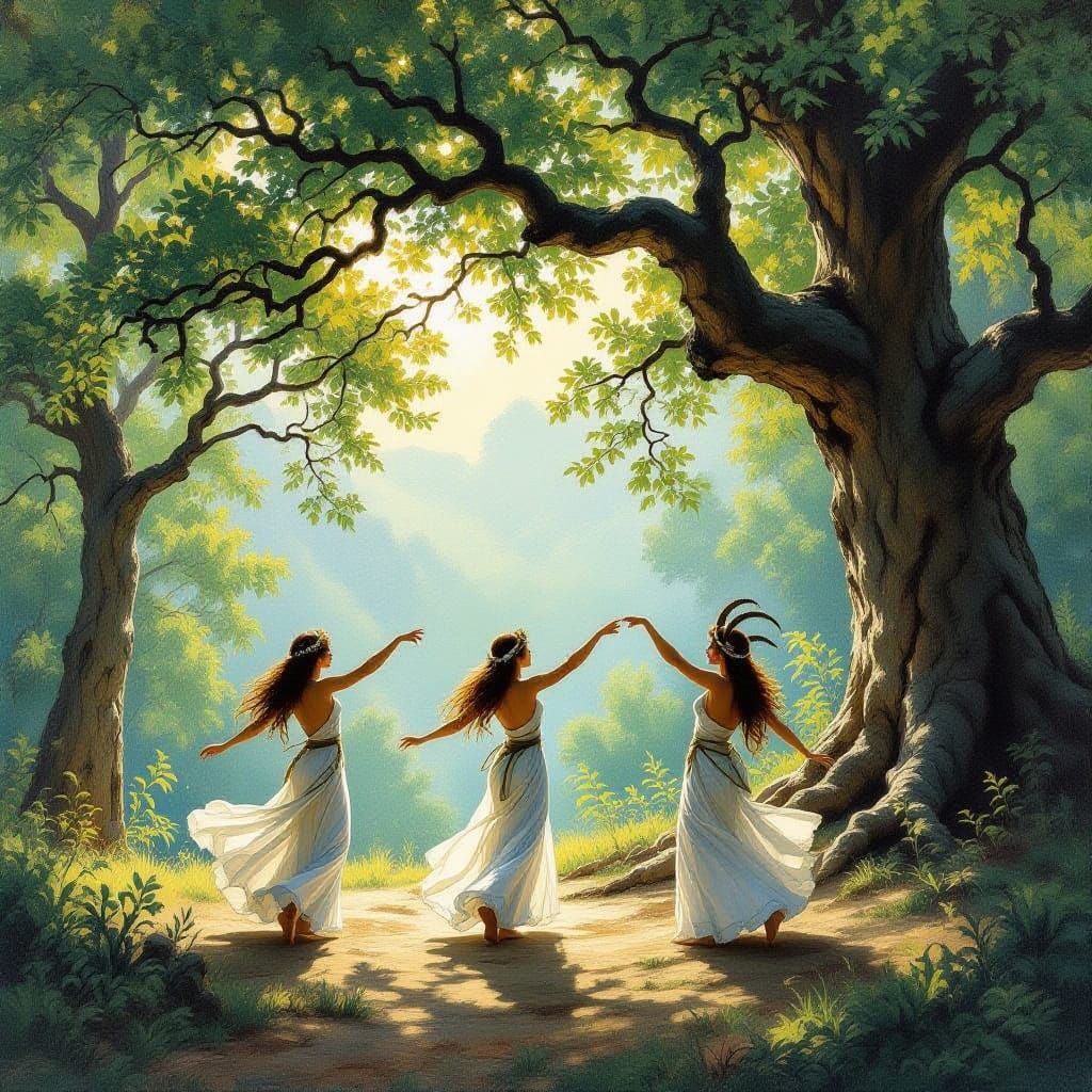 Tree Nymphs Dance in Ancient Greek Forest