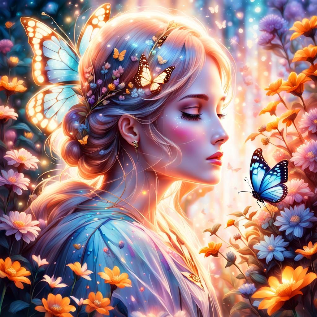 Ethereal Woman Whispers to Butterfly in Fantasy Art