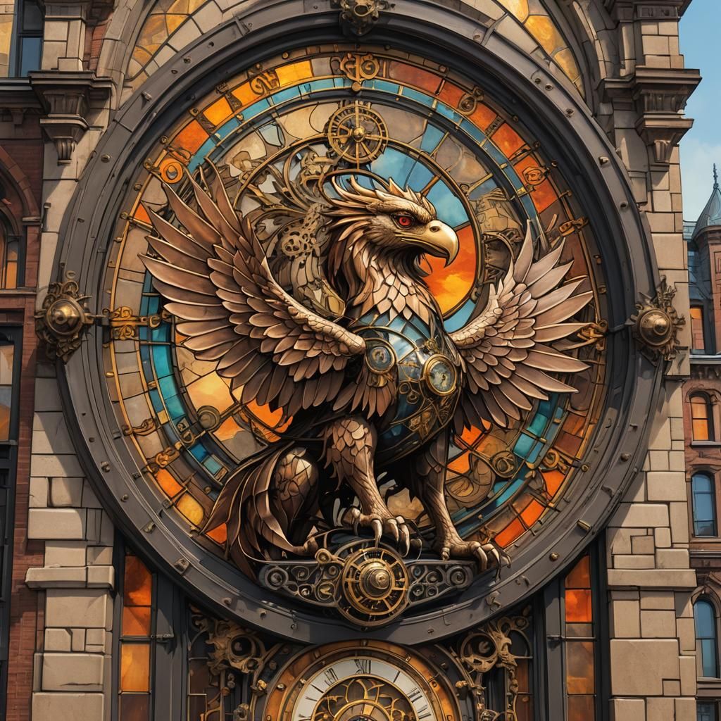 Stained Glass Griffin on Clock Tower in Steampunk Style