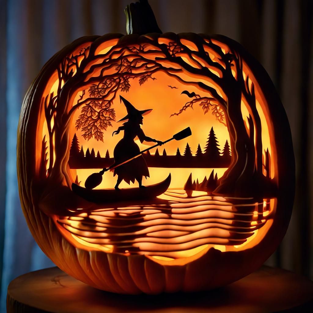 Intricate Pumpkin Carving of Witch in Canoe