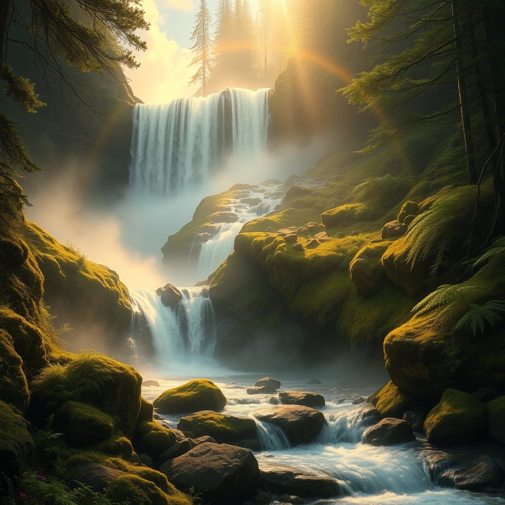 Romantic Landscape with Waterfall and Rainbow
