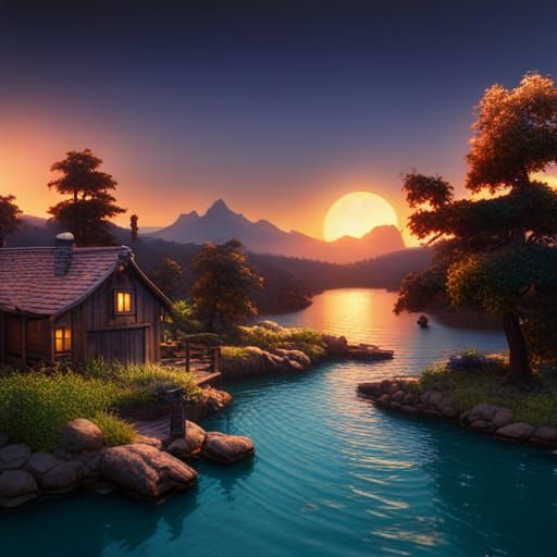 Summer Camp Sunset Over Lake: High-Resolution Matte Painting