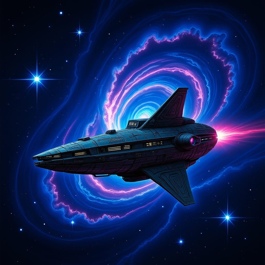 Retro Spaceship in Cosmic Nebula, 1950s Sci-Fi Comic Style