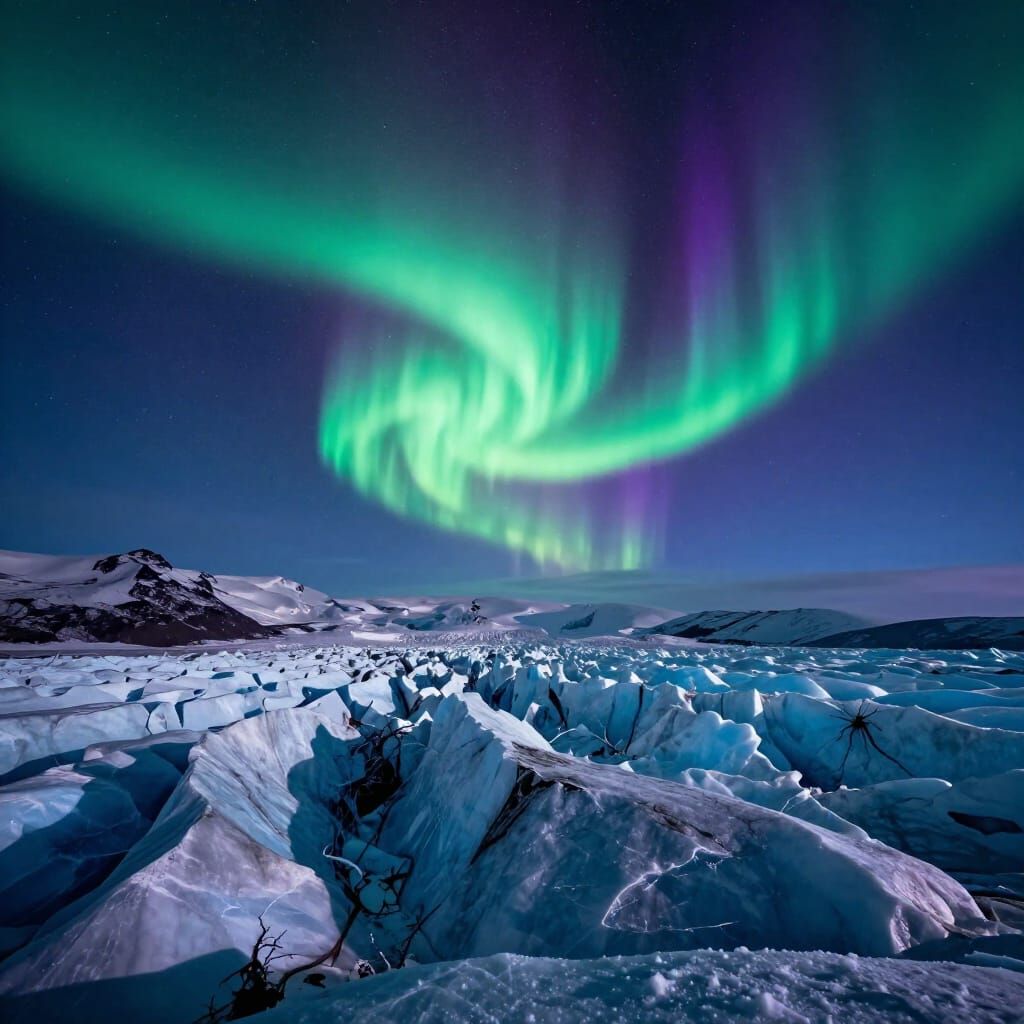 Glacial Aurora Over Starry Sky in Hyperrealistic Style