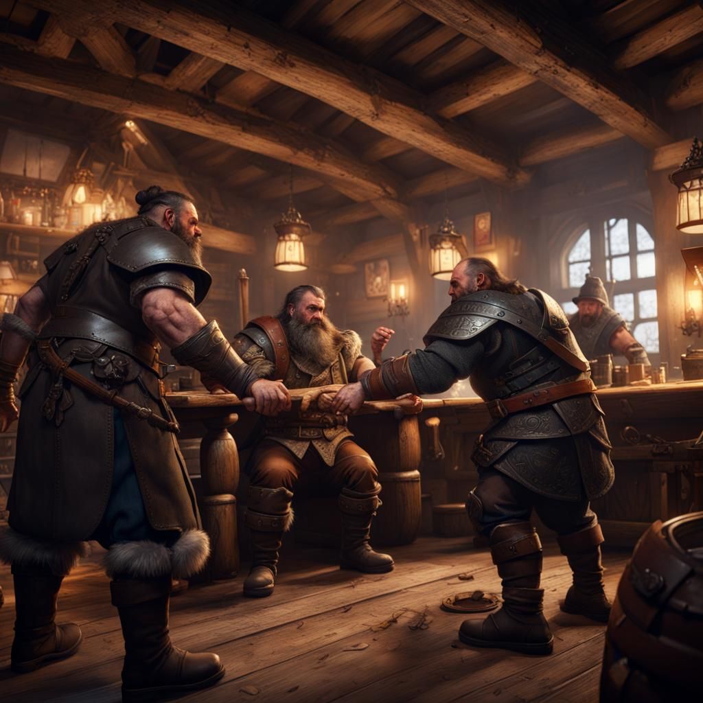 Dwarves Brawling at Medieval Inn in 8K