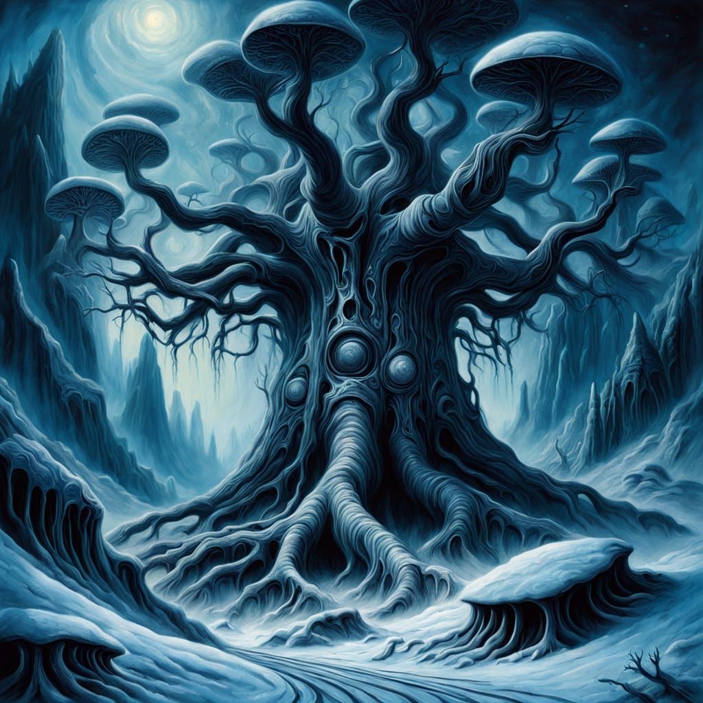 Surreal Bioluminescent Mother Tree in Cosmic Horror Style