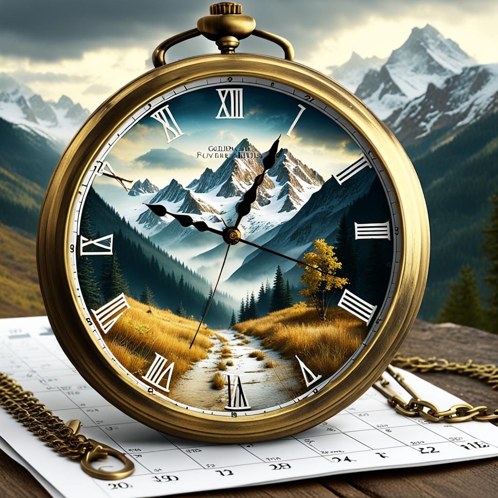 Vintage Pocket Watch with Golden Chain and Mountains