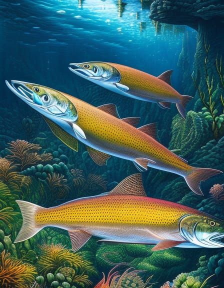 Backlit Salmon Swimming: Hyperdetailed Digital Art