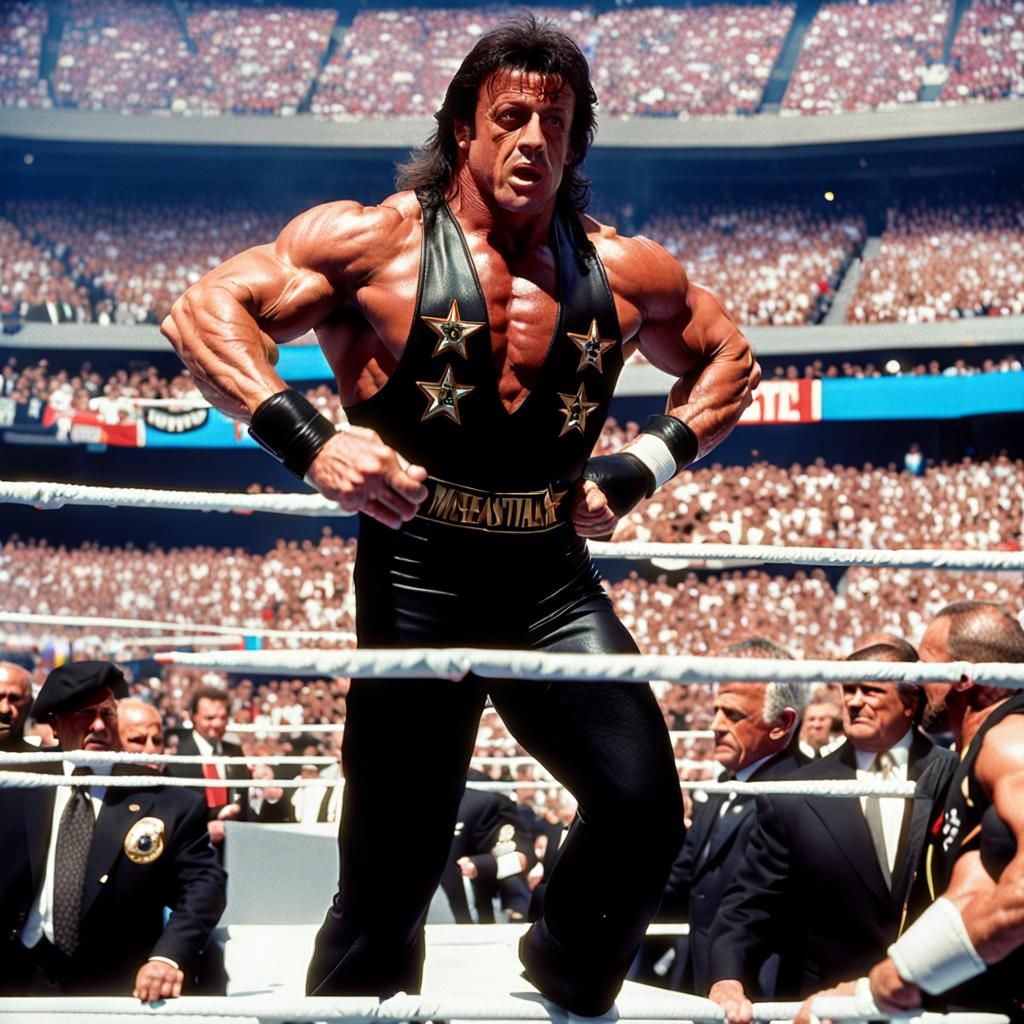 Sylvester Stallone as WWF wrestler Stone Solid Stallone making hus entrance at WrestleMania 3