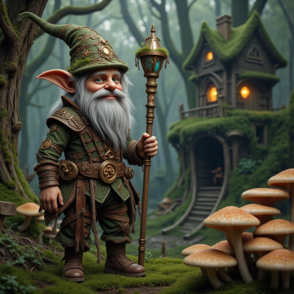 Whimsical Gnome in Lush Enchanted Forest