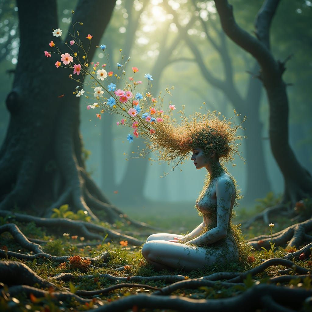 Ethereal Being Surrounded by Vibrant Flora in Dense Forest L...