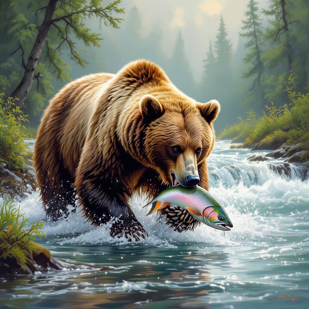 Bear Captures Salmon in Misty River, Wildlife Art Style
