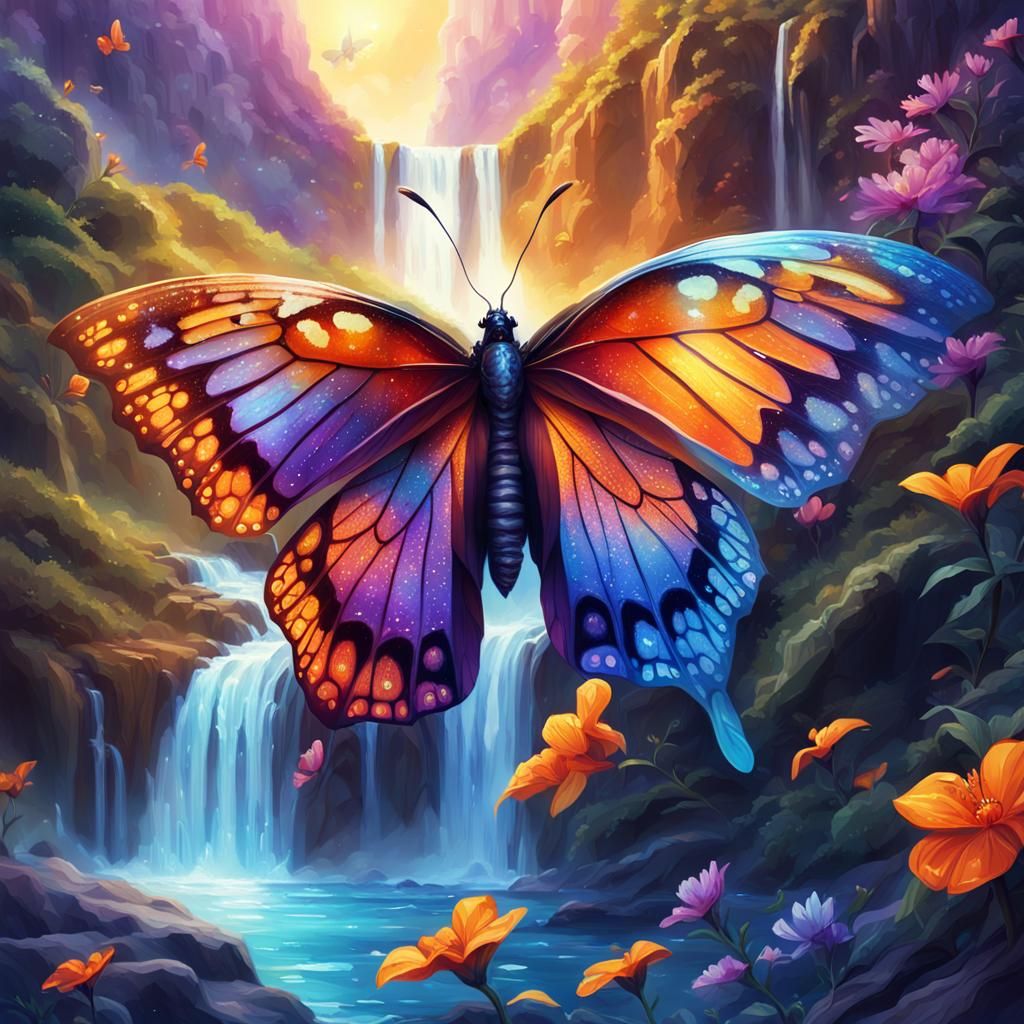 Glittering Butterfly with Waterfall, Fantasy Art