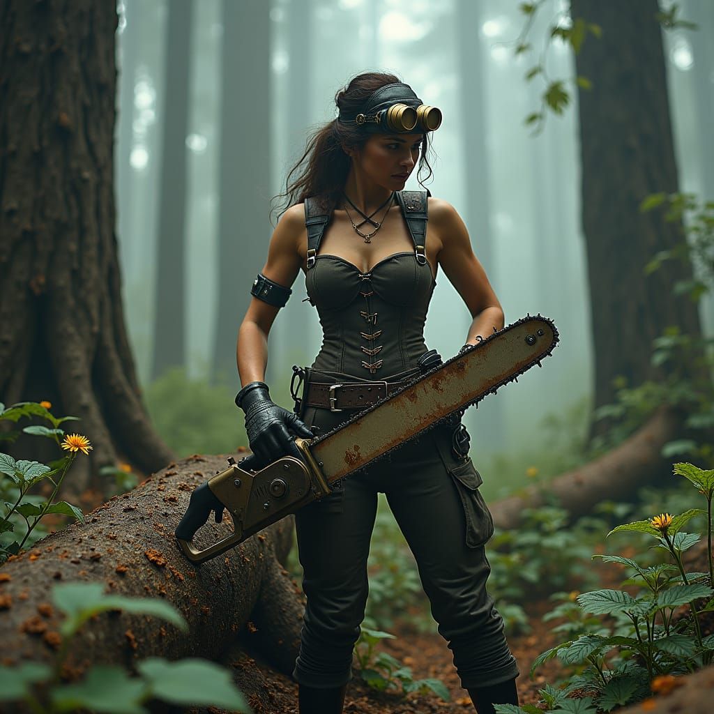 Dieselpunk Woman with Chainsaw in Misty Forest