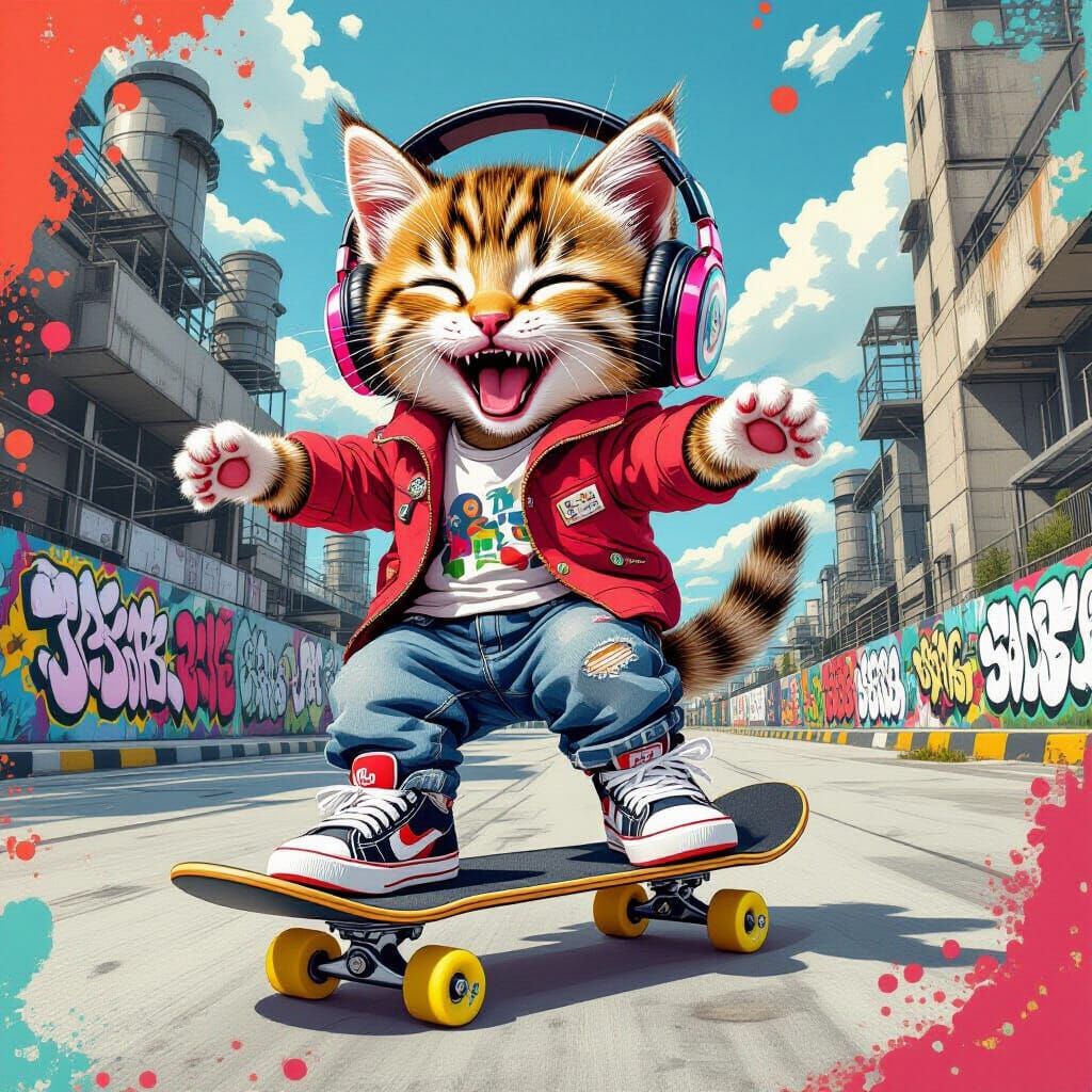 Skateboarding Kitten in Photo Collage Style