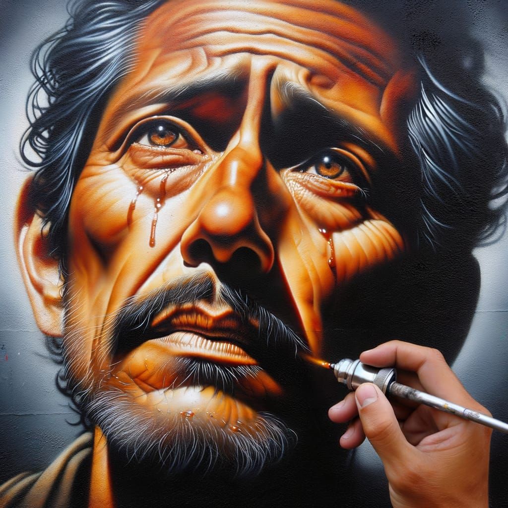 Hispanic Man Portrait in Airbrush Street Art Style