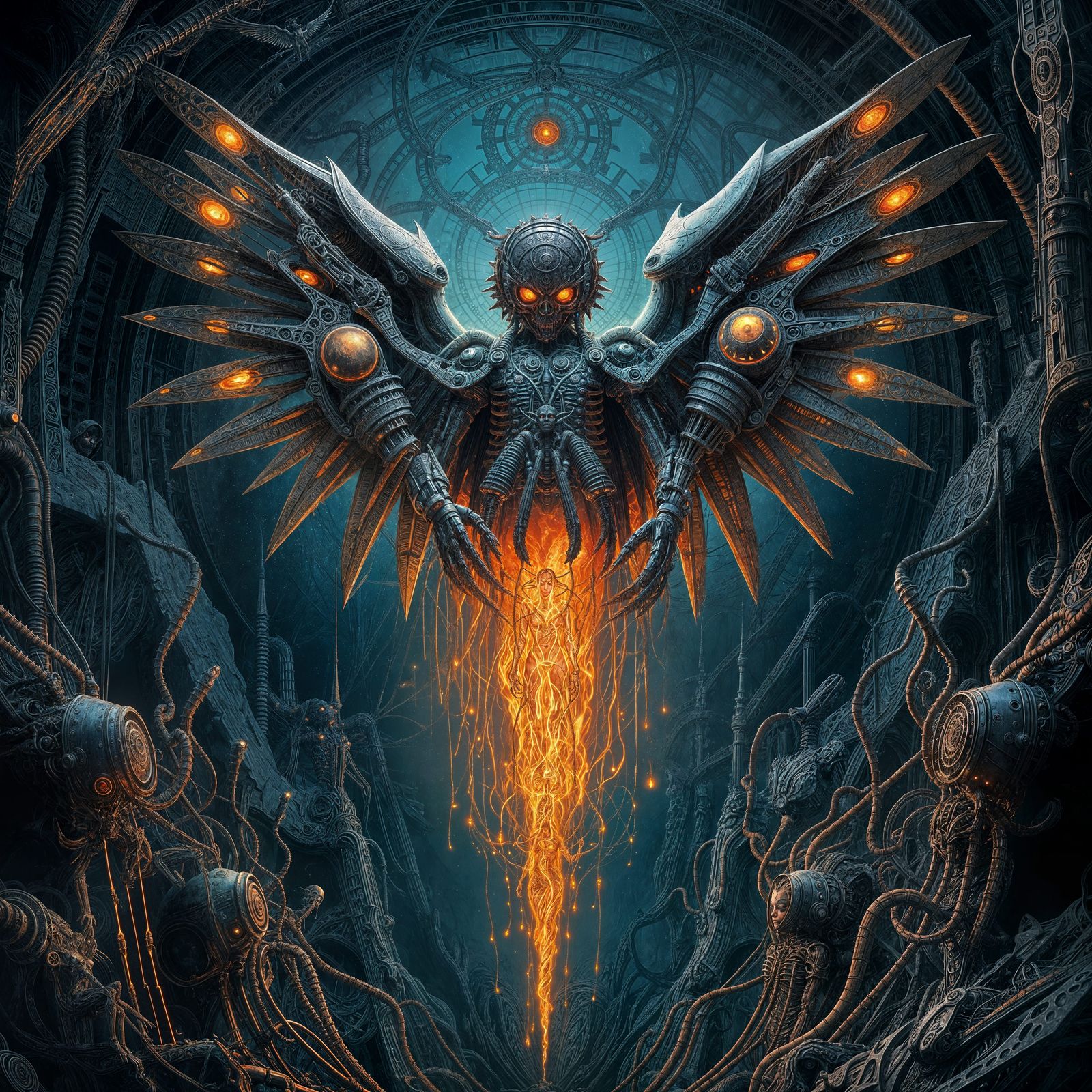 Biomechanical Angel Album Cover in Cosmic Horror Style