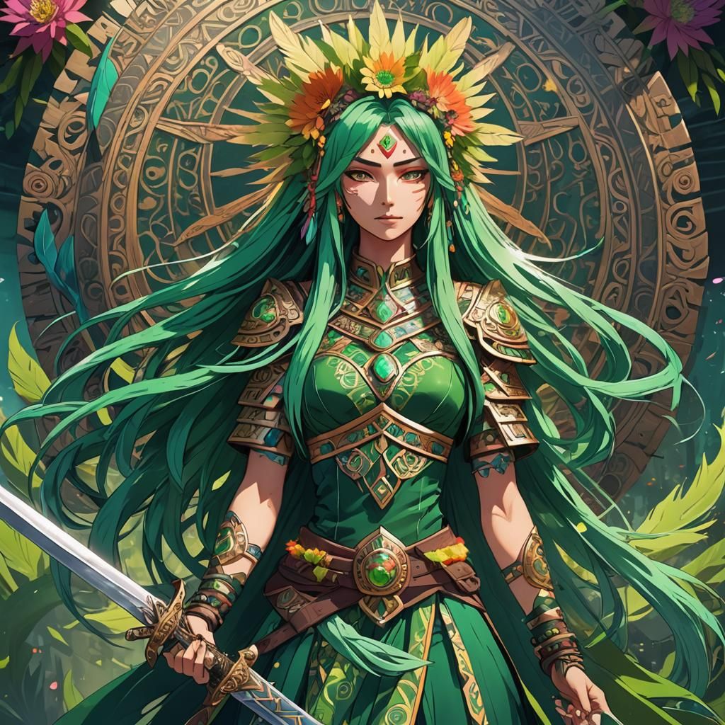 Anime Woman with Sword and Aztec Headdress