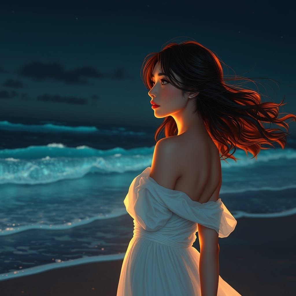 Bioluminescent Beach Scene in Anime Key Visual Style