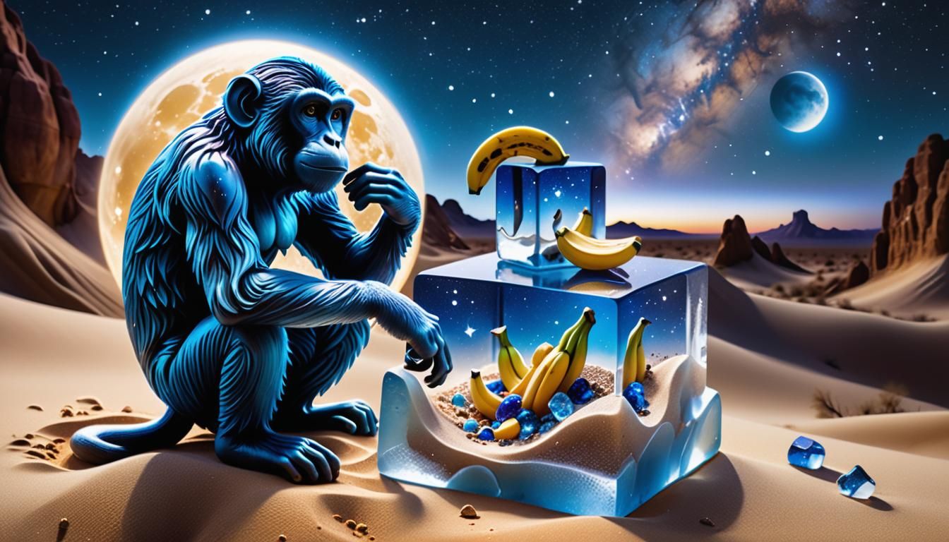 Crystal Monkey with Frozen Bananas in Desert Night