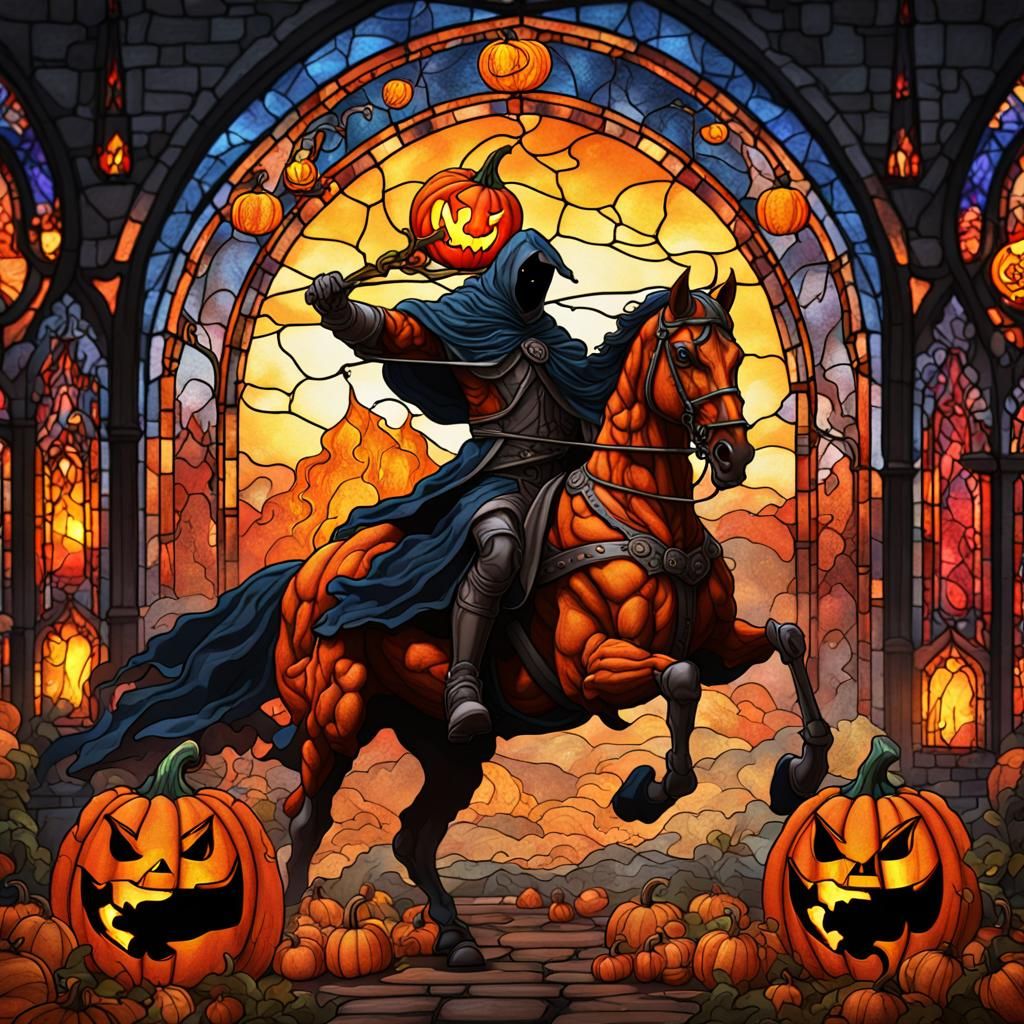 Headless Horseman with Flaming Pumpkin in Stained Glass Styl...