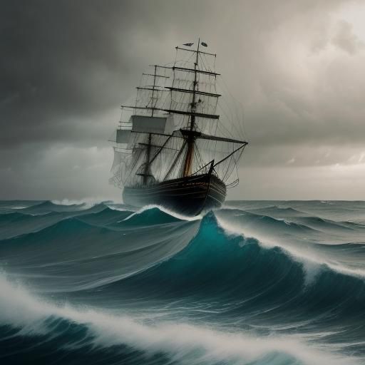 Majestic Ship Battles Stormy Sea in Golden Light