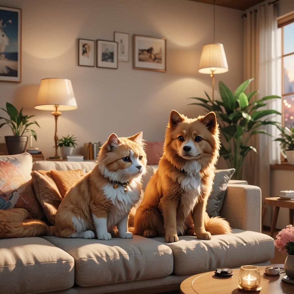 Cozy Anime: Dog and Cat on Couch in 3D
