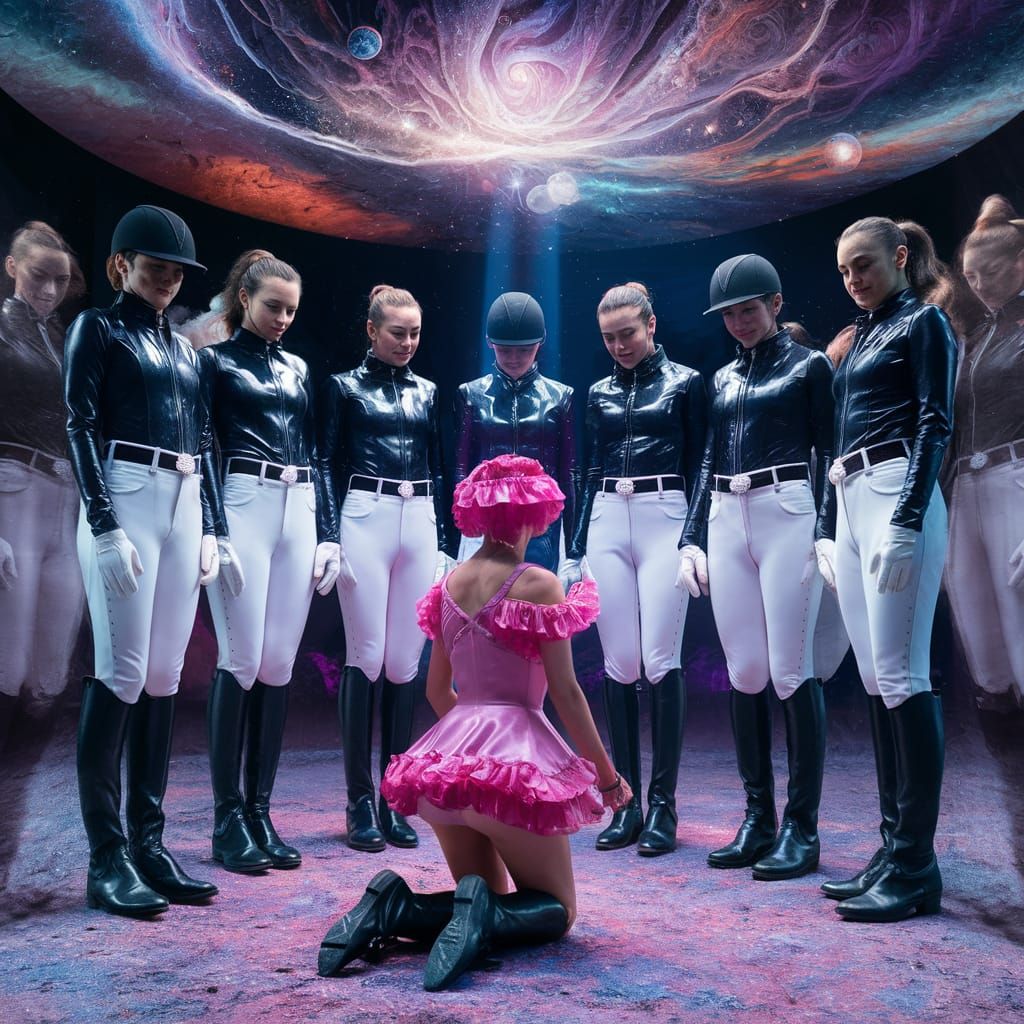 Surreal Show Jumpers Surround a Kneeling Figure Amid Cosmic....