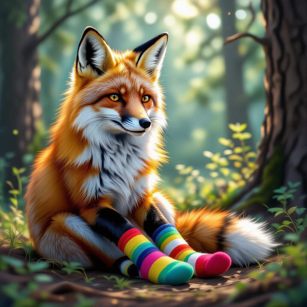 Fox in Colorful Socks in Detailed Forest