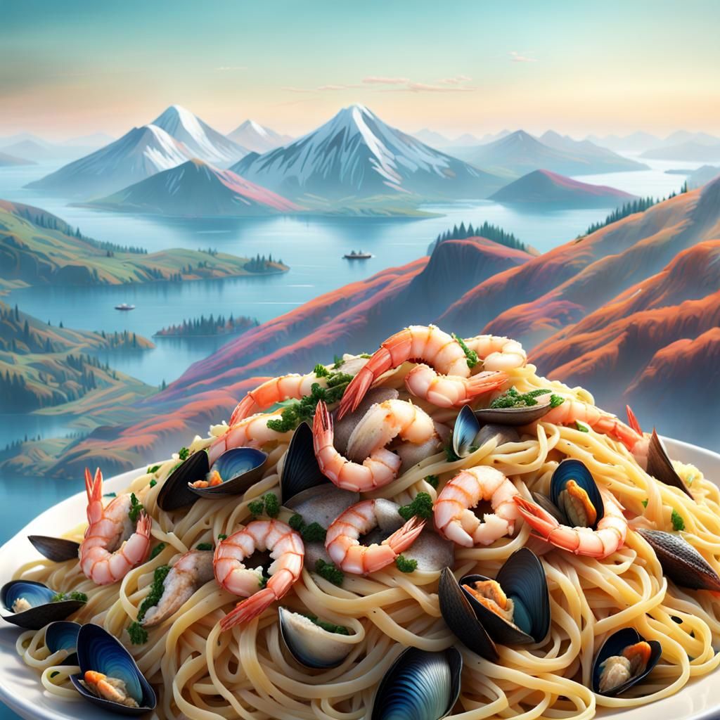 Captivating 16k resolution image of hills made from rich seafood linguine with lakes made from a light herb-infused whit...