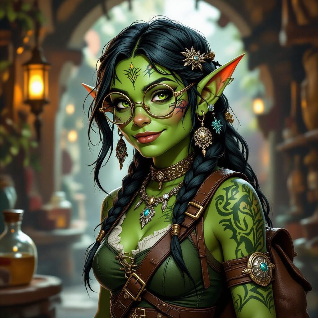 Green Goblin Rogue with Tattoos and Gold Glasses