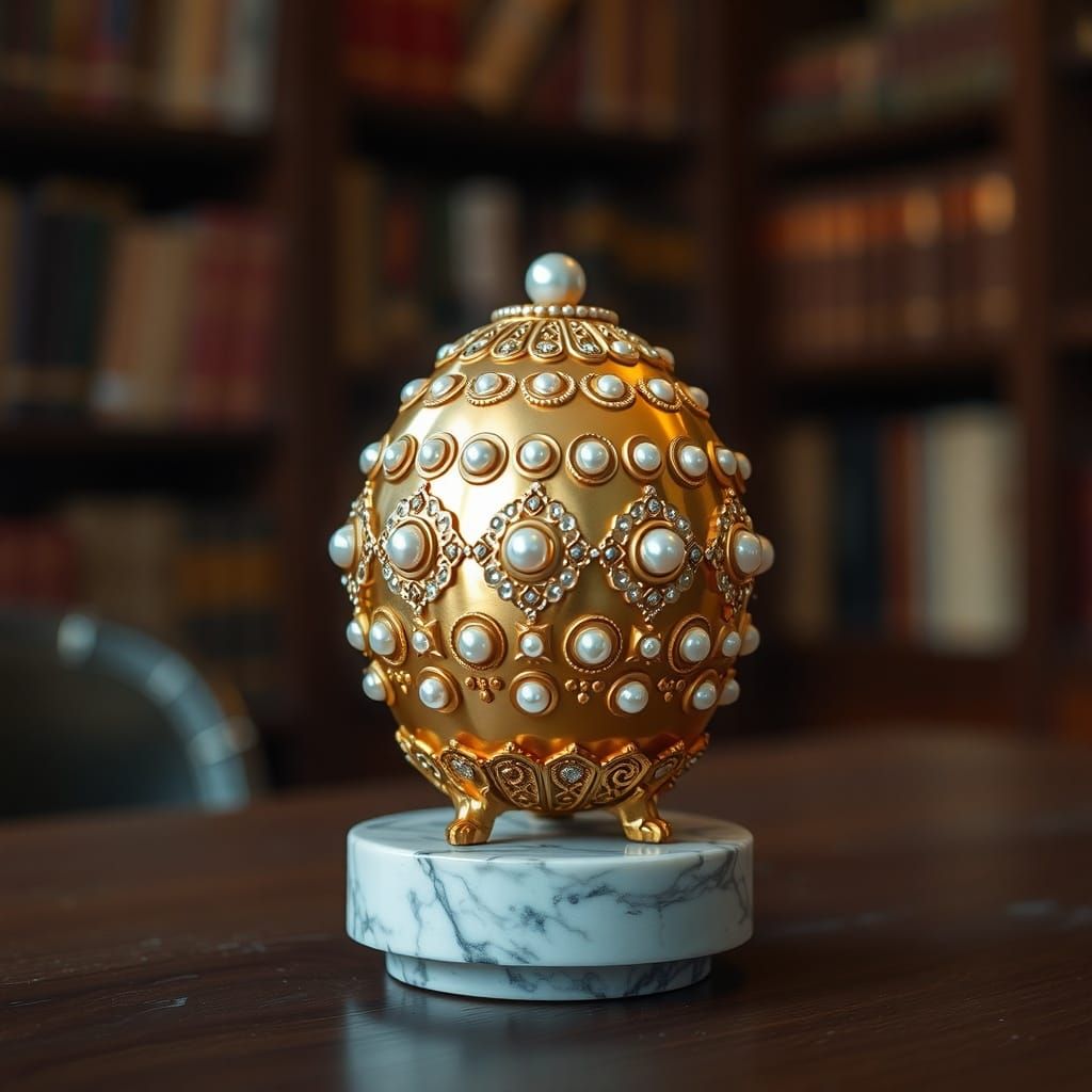 Ornate Golden Egg with Pearls on Marble Stand